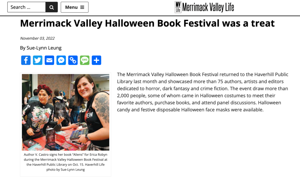 Merrimack Valley Life atricle about the Merrimack Valley Book Fest featuring a photo of myself and V. Castro