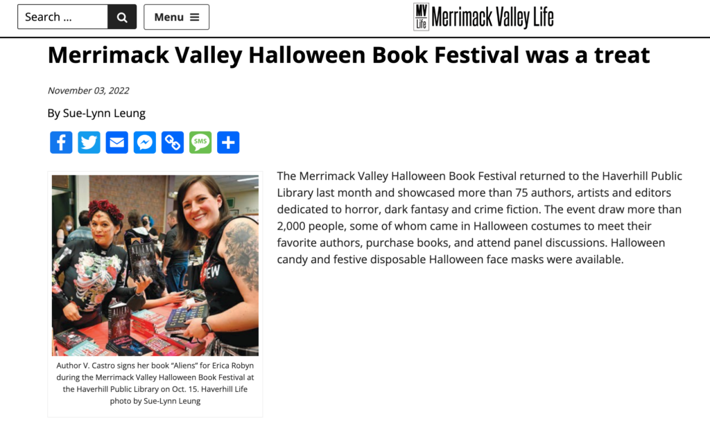 Merrimack Valley Life  atricle about the Merrimack Valley Book Fest featuring a photo of myself and V. Castro