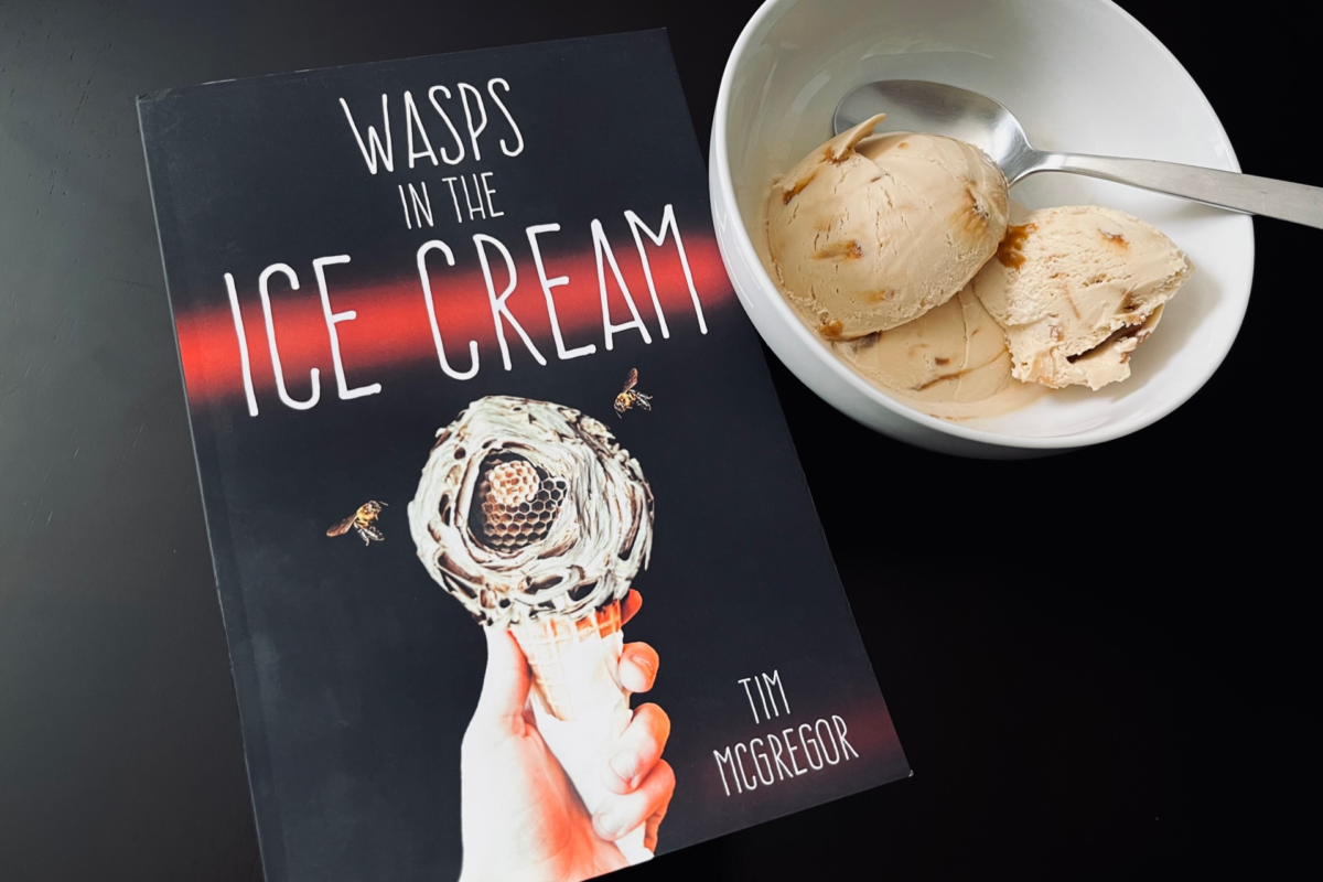 Wasps in the Ice Cream by Tim McGregor book photo by Erica Robyn Reads of book next to a bowl of ice cream