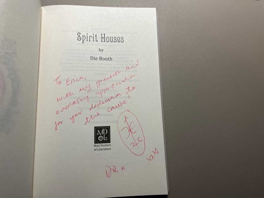 Signed copy of Spirit Houses by Die Booth