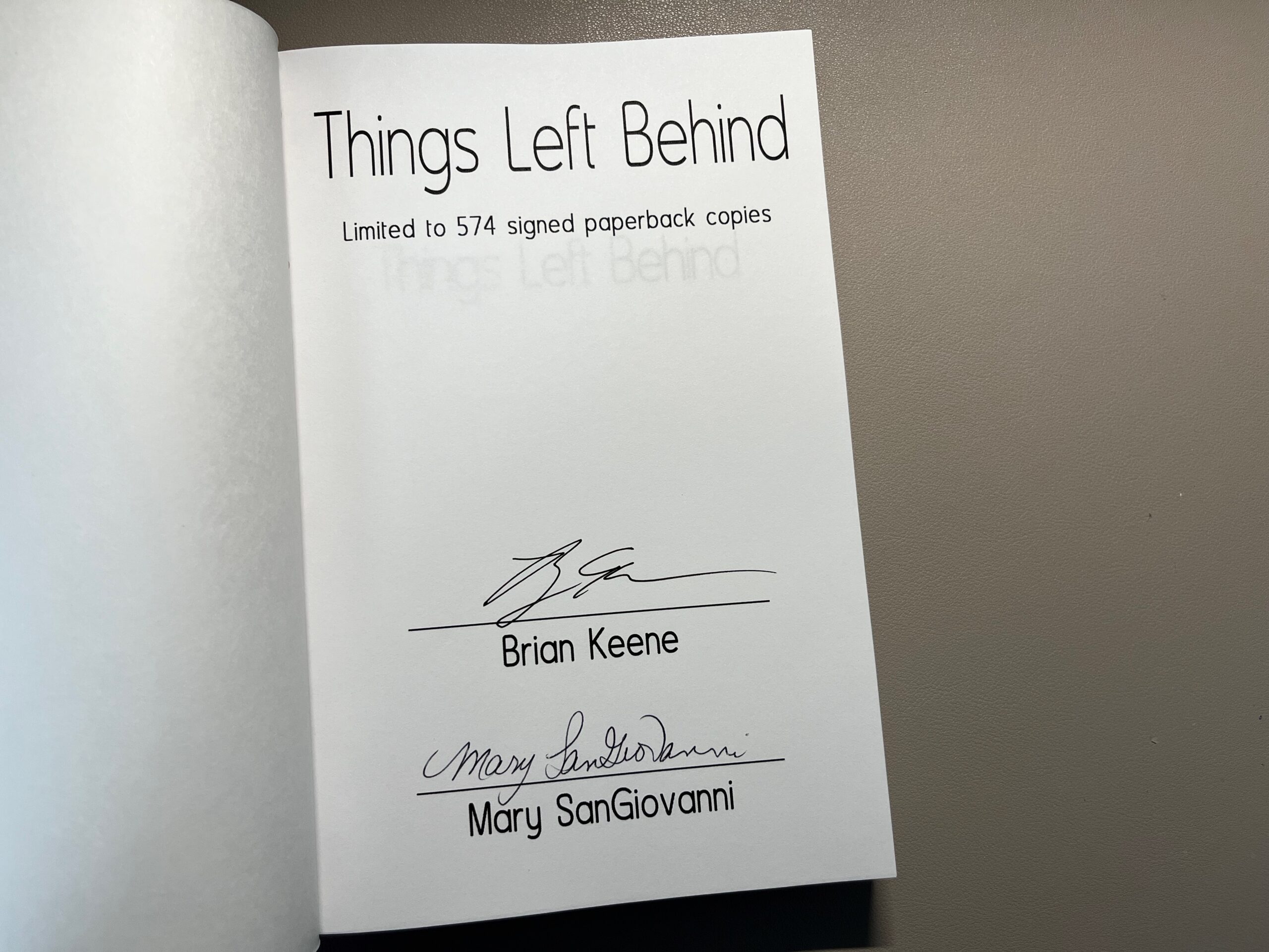 Things Left Behind by Brian Keene and Mary SanGiovanni signed copy