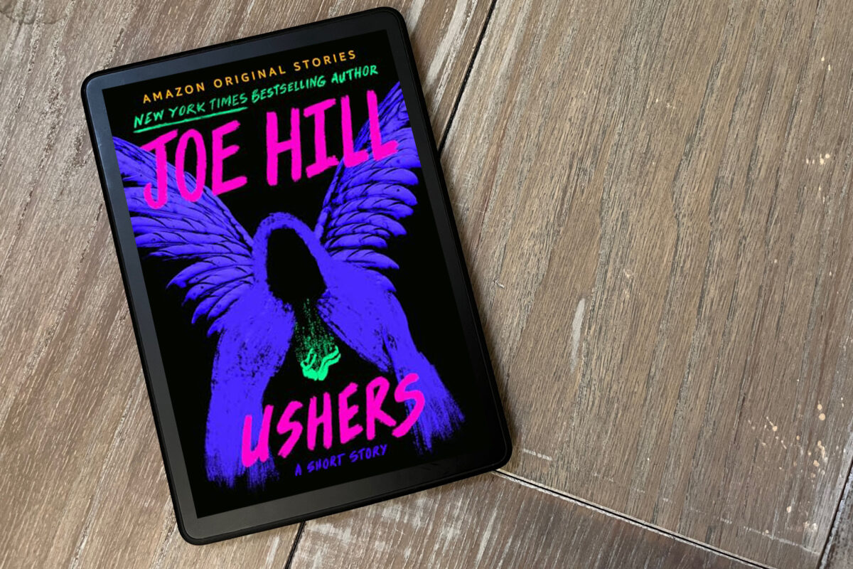 Book cover of Ushers by Joe Hill - featuring a brightly colored winged beings silhouette
